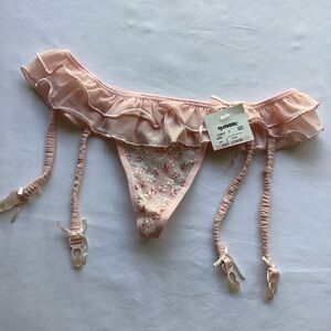 NWT Sophie B. Ruffled Garter Thong Pantie Sz Large Color Pink Embroidered Detail